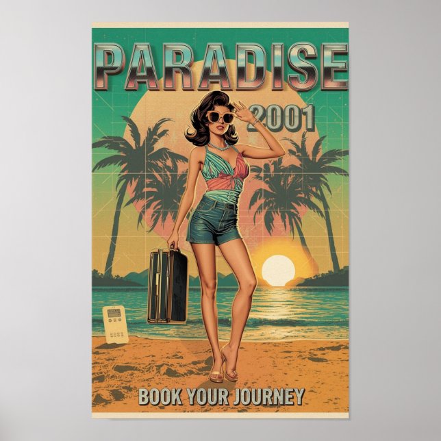 Paradise 2001 Retro Y2K Pin-Up Travel Poster – Neo (Devant)