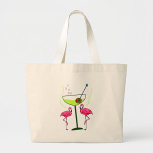 "Paradise Awakening"--Pink flamingo & Martini Large Tote Bag