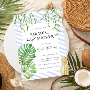 Paradise Baby Shower Tropical Botanical Blue Invitation