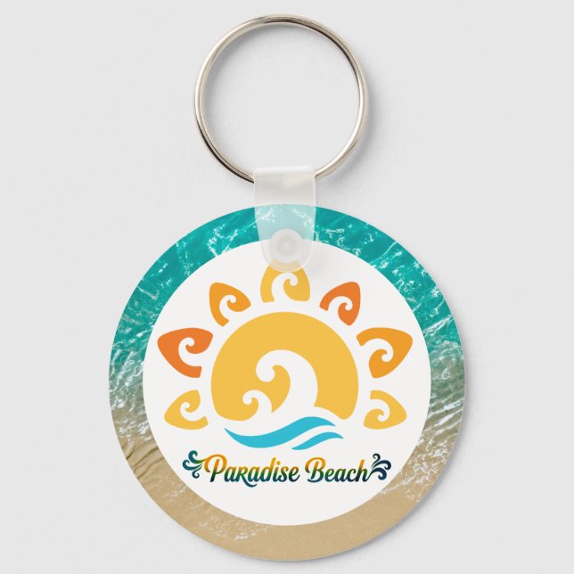  Paradise Beach, Retro Sun and Tropical Ocean Wave Keychain (Front)