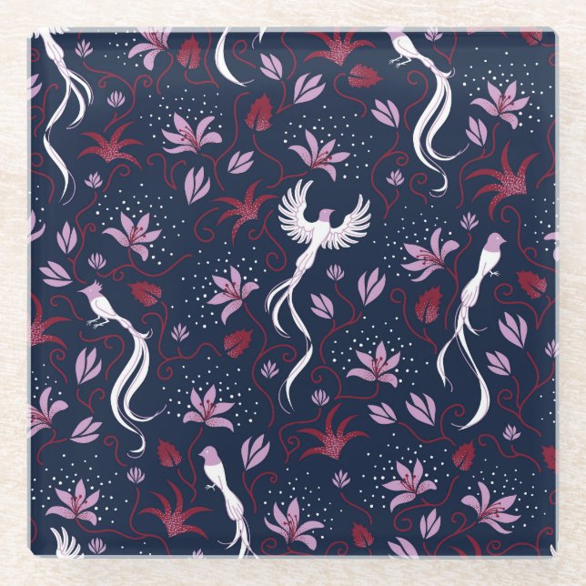 Paradise Birds: Blossoming Vintage Pattern. Glass Coaster (Front)