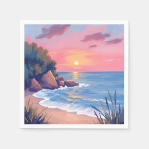 Paradise Cove Pink Watercolor Ocean Waves Sunset Napkin