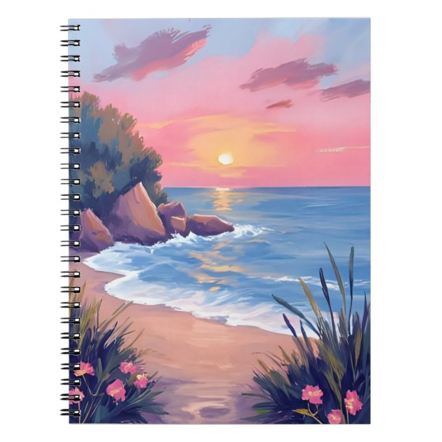 Paradise Cove | Pink Watercolor Ocean Waves Sunset Notebook (Front)