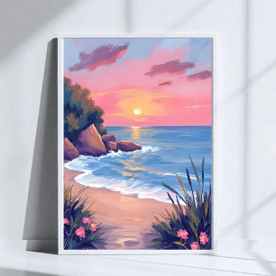 Paradise Cove   Pink Watercolor Ocean Waves Sunset Poster