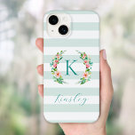 Paradise Floral and Mint Stripes Monogram Case-Mate iPhone 14 Case<br><div class="desc">This fun trendy design features a mint and white striped background with colourful floral wreath. Personalize the design with your name and monogram or other text. Use the design tools to choose any background colour, edit the text fonts and colours or upload your own photos to create a unique monogrammed...</div>