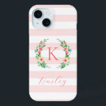 Paradise Floral and Pink Stripes Monogram iPhone 15 Case<br><div class="desc">This fun trendy design features a blush pink and white striped background with colourful floral wreath. Personalize the design with your name and monogram or other text. Use the design tools to choose any background colour, edit the text fonts and colours or upload your own photos to create a unique...</div>