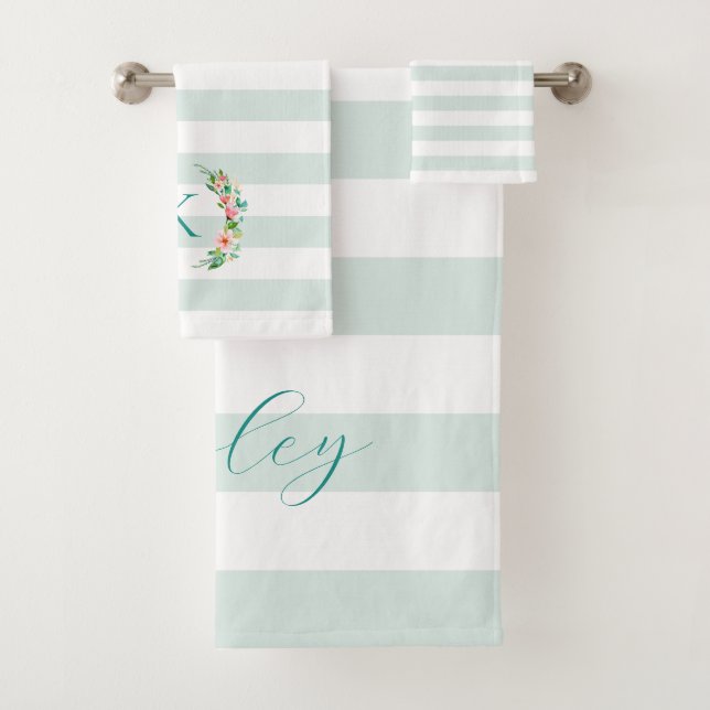 Paradise Floral and Stripes Monogram Bath Towel Set (Insitu)