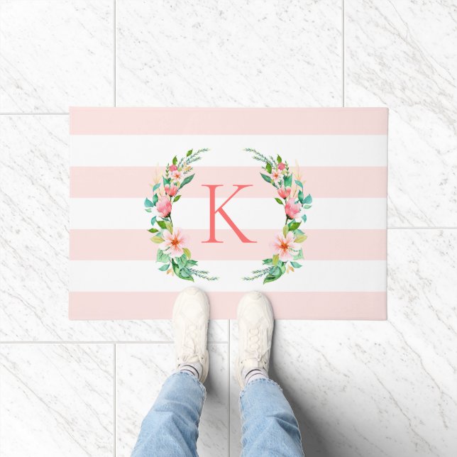 Paradise Floral and Stripes Monogram Doormat (Indoor)