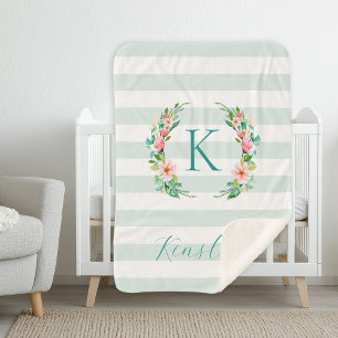 Paradise Floral and Stripes Monogram Sherpa Blanket