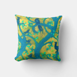 Paradise garden, wool painting, blue birds, fibre throw pillow
