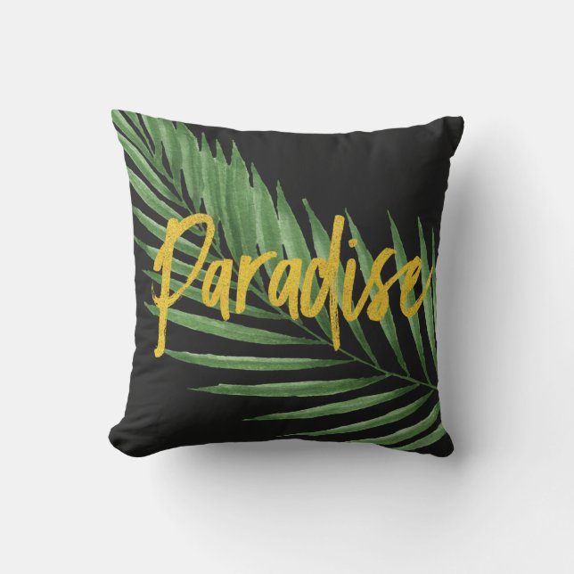 Paradise Palm Hawaiian Tropical Reversible- Black Outdoor Pillow (Front)