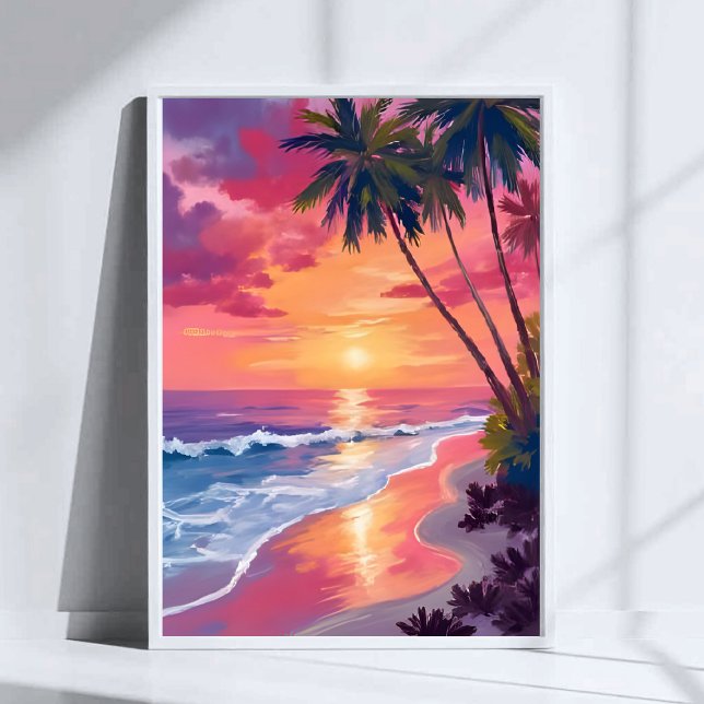 Paradise Sunset | Pink Tropical Watercolor Beach Poster (Creator Uploaded)