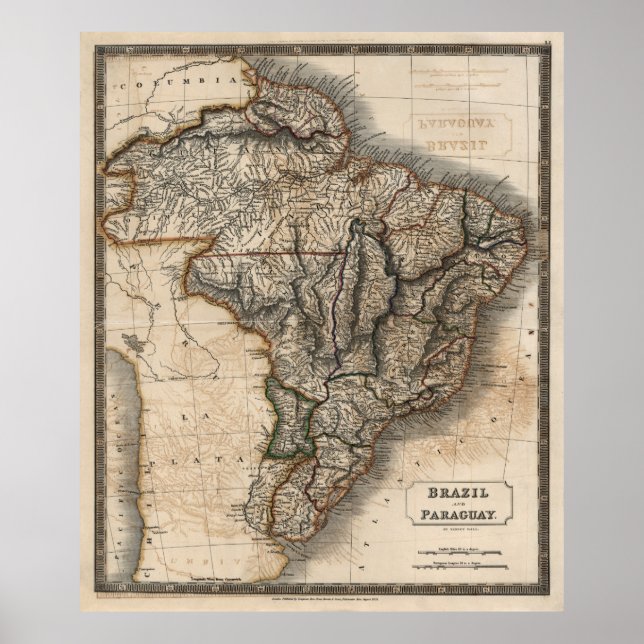 PARAGUAY and BRAZIL MAP 1828 Poster (Front)