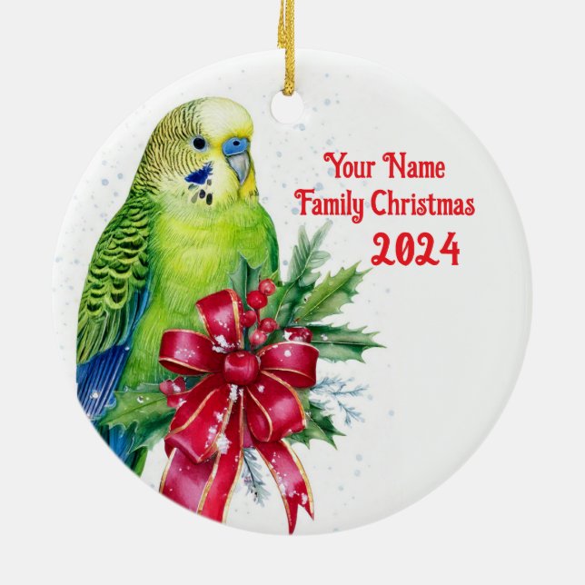 Parakeet and Christmas Bow Ceramic Ornament (Back)