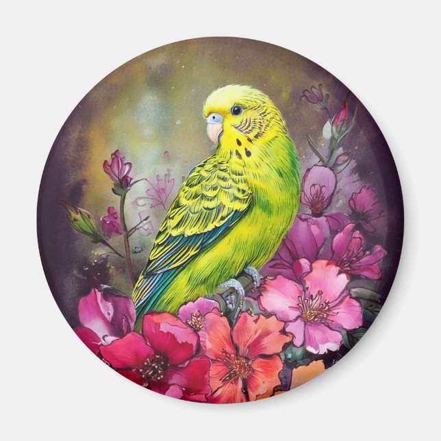 Parakeet and Flowers Magnet (Front)