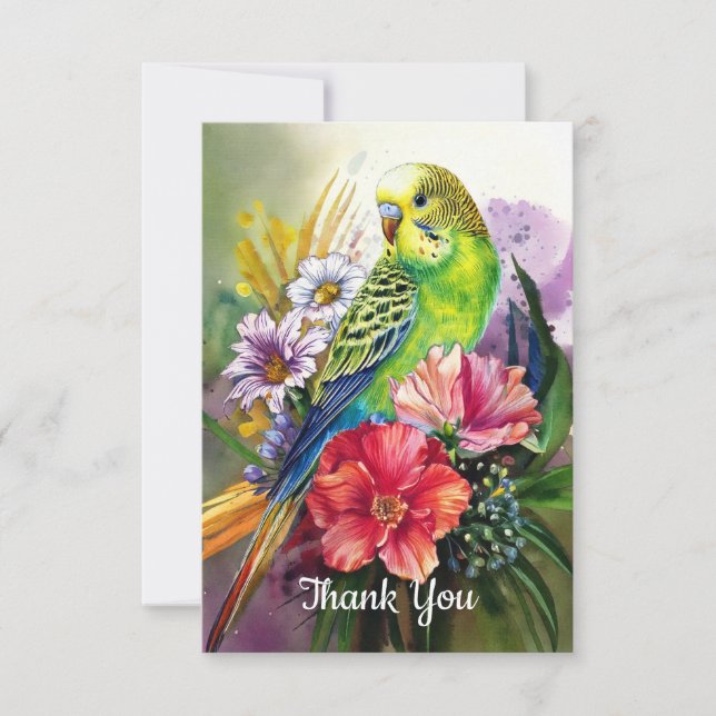 Parakeet and Flowers Thank You Card (Front)