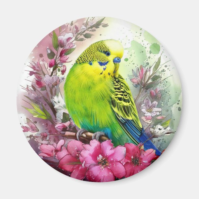 Parakeet and Pink Flowers Magnet (Front)