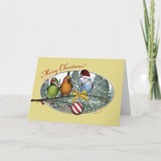 Parakeet Birds avec ornements Carte de Noël (Devant)