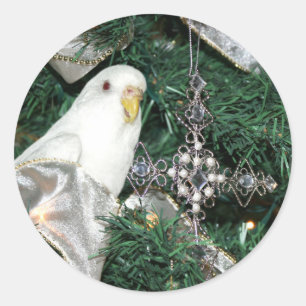 Parakeet in a Christmas tree Classic Round Sticker
