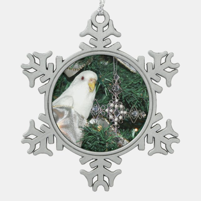 Parakeet in a Christmas tree Snowflake Pewter Christmas Ornament (Front)