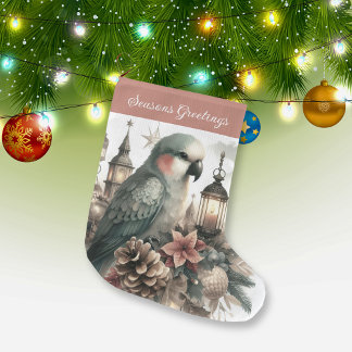 Parakeet Lanterns Seasons Greetings  Large Christmas Stocking