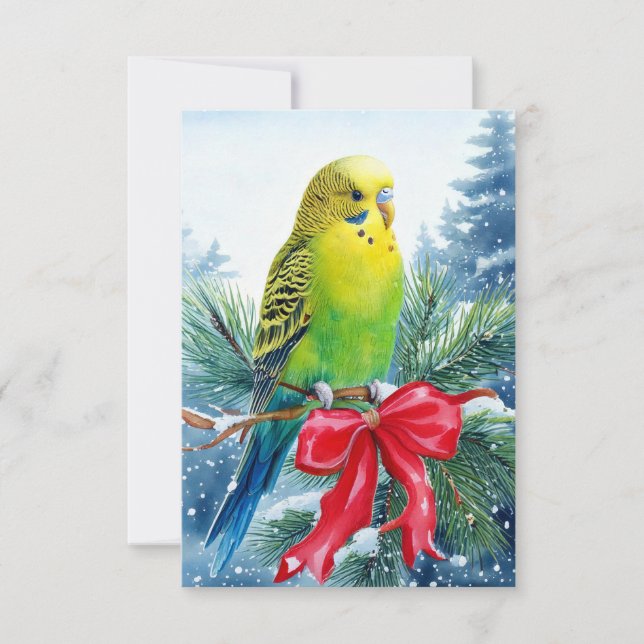 Parakeet on Pine Branch and Christmas Ribbon Thank You Card (Front)