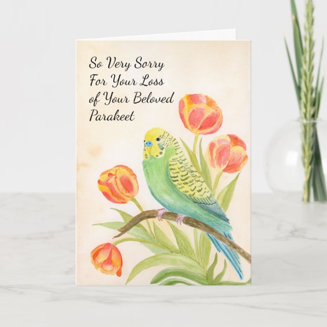 Parakeet Sympathy with Tulips Pet Loss Card (Front)