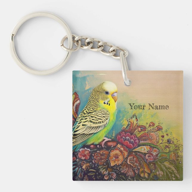 Parakeet with Folk Art Flowers Keychain (Front)