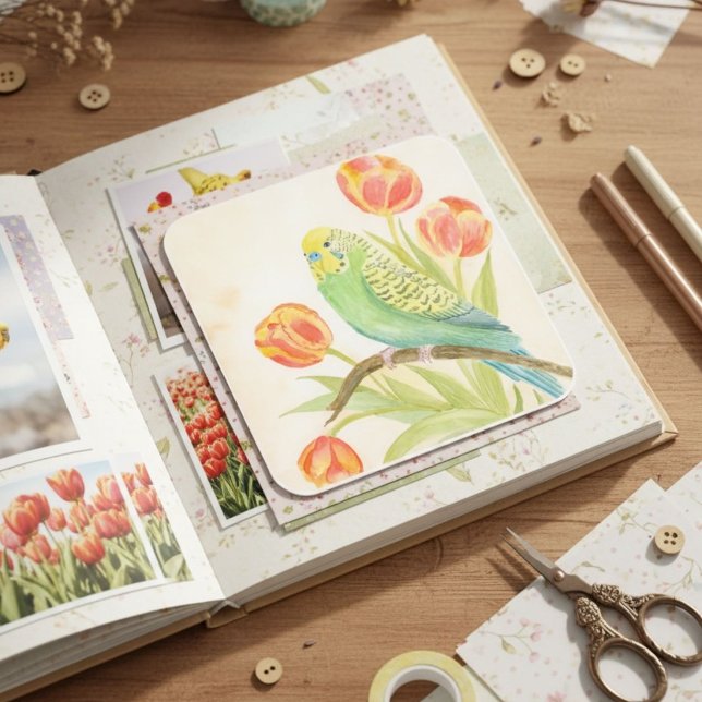 Parakeet with Tulips  Square Sticker (Creator Uploaded)