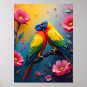 Parakeets beautiful colours and flowers poster