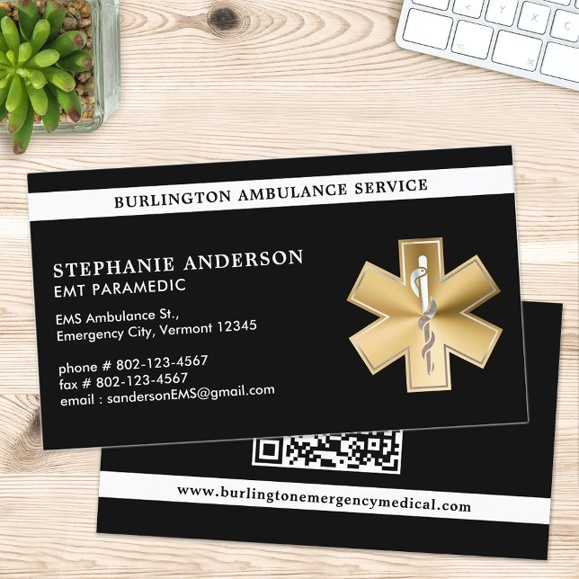 Paramedic EMT Custom Ambulance Gold Logo QR Code Business Card (Creator Uploaded)