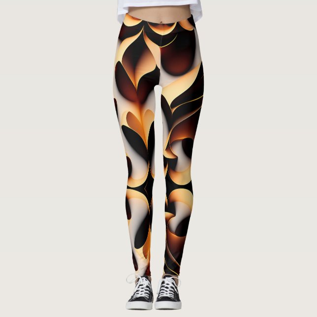 Parametric 3D Flowers Gold Modern Mosaic Pattern Leggings (Front)