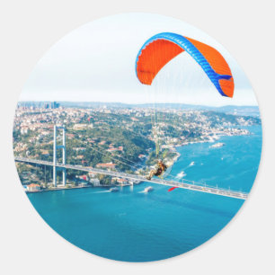 Paramotors Pilots Flying Over The Bosphorus Classic Round Sticker