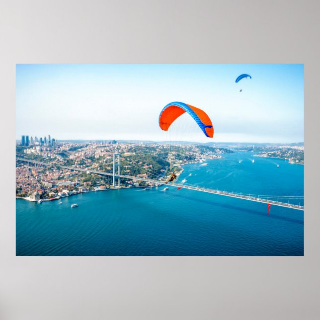 Paramotors Pilots Flying Over The Bosphorus Poster (Front)