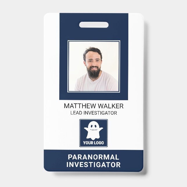 Paranormal Investigator Navy Blue QR Code Photo ID Badge (Front)