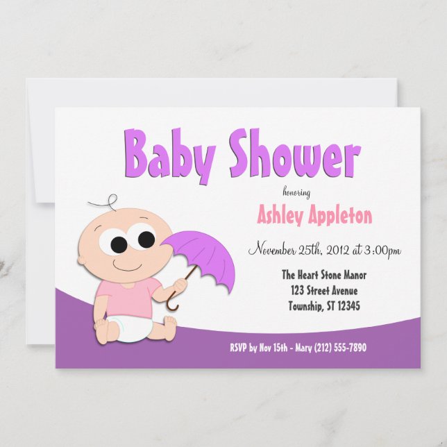 Parapluie pourpre pour bébé - Invitations de douch (Devant)