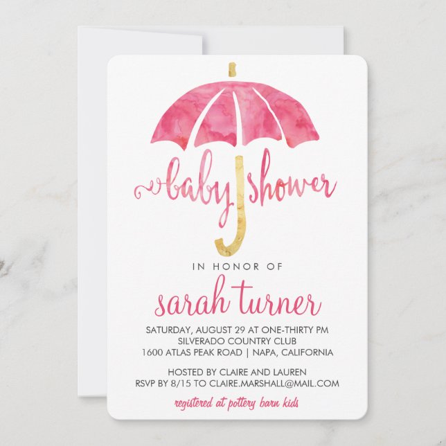 Parapluie rose Fille bébé Douche Invitations (Devant)