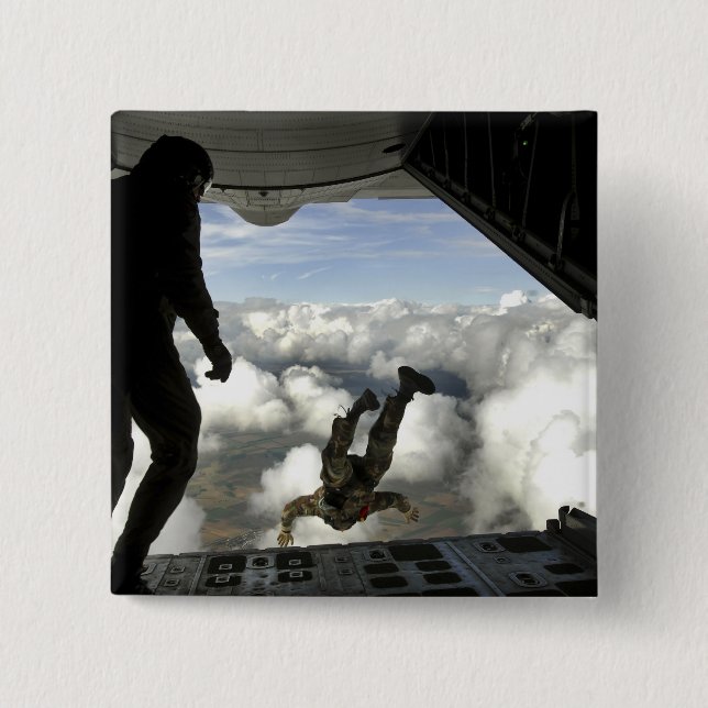 Pararescuemen jump out the back of a C-130 2 Inch Square Button (Front)