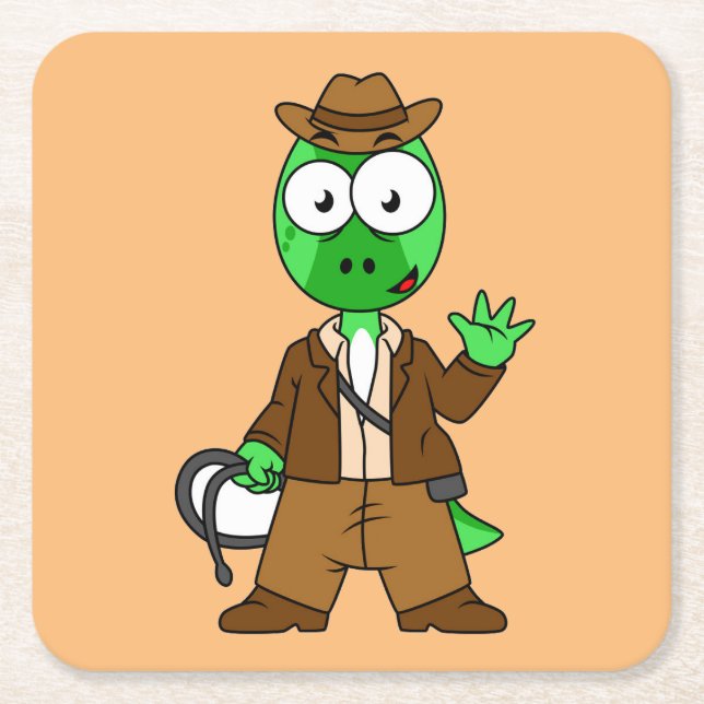 Parasaurolophus Dressed As Indiana Jones. Square Paper Coaster (Front)