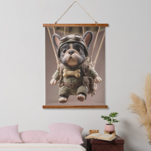 Paratrooper Frenchie: Cartoon Army Dog Art Hanging Tapestry