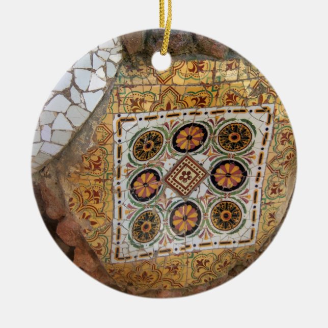 Parc Guell Mosaic Green and Orange Ceramic Ornament (Front)