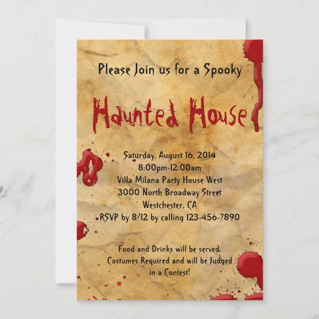 Parchment Blood Splatter Haunted House Invitation (Front)
