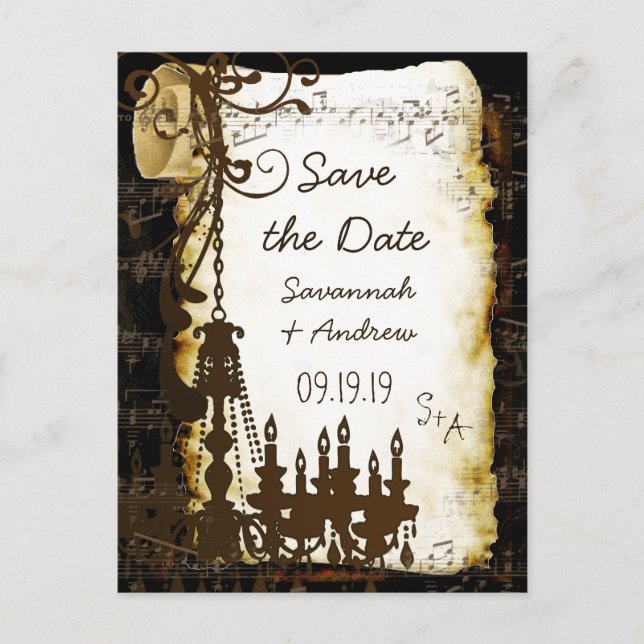 Parchment Scroll Chandelier Save the Date Announcement Postcard (Front)