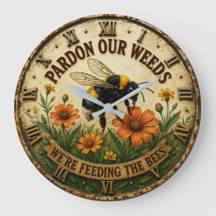 Pardon Our Weeds We're Feeding the Bees Garden Large Clock