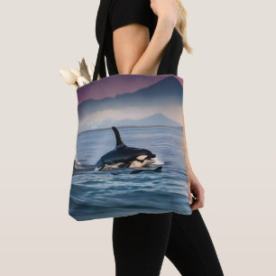 Parental Bliss: Mummy And Baby Orcas In The Ocean, Tote Bag