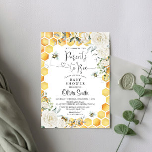 Parents à Abee White Floral Baby shower Invitation