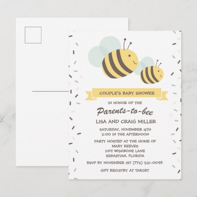 Parents to Bee Bumblebee Couple's Baby Shower Invi Invitation Postcard (Front/Back)