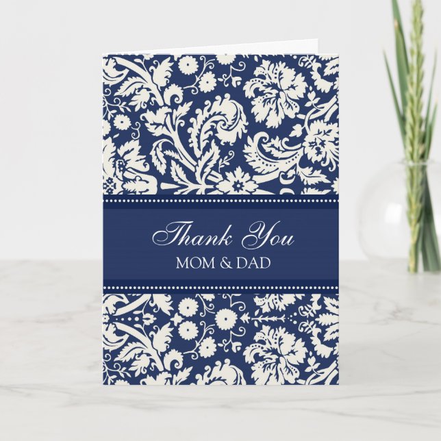 Parents Wedding Day Thank You Coral Blue Damask (Front)