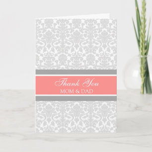 Parents Wedding Day Thank You Coral Gray Damask Card