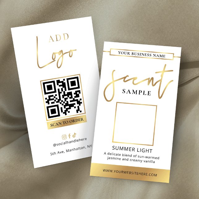 Parfum de la carte à bougie parfum modèle or logo (Elegant white and faux gold scent sample card template with scannable QR code and your logo)